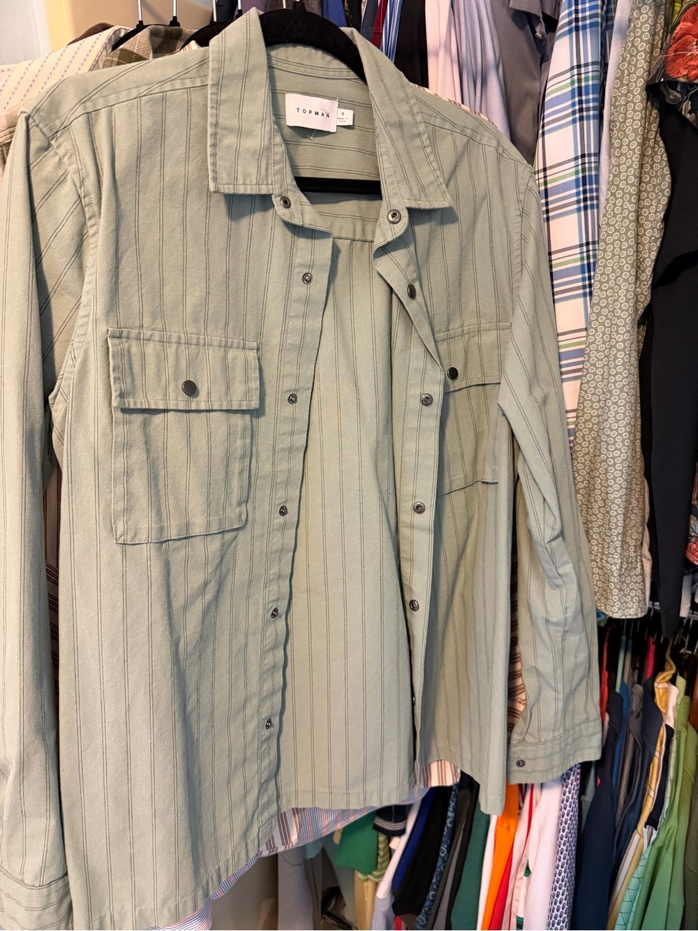 Topman Sage Green Striped Casual Button-Down Shirt